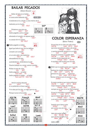 BAILAR PEGADOS
     BAILAR
                    (SERGIO DALMA)       arpegio


     Bailar de lejos no es bailar,           G
DO            SOL7                DO*
es como estar bailando solo                   3 0        21
                                Rem
tú bailando en tu volcán y a dos metros de ti
                           FA                           SOL7
bailando yo en el polo.
                       DO       SOL7                              DO*
     Probemos una sola vez,
DO              SOL7        DO*
bailar pegados como a fuego
                            Rem
abrazados al compás, sin separar jamás
                    FA
tu cuerpo de mi cuerpo.
                                         SOL7
                                                                         COLOR ESPERANZA
                      DO SOL7                                                               (DIEGO TORRES)             2 3
                                              Rasgueo
Bailar pegados es bailar,                                               Sé que hay en tus ojos con solo mirar
                           DO                 #2                        SOL7M                Lam6 SI7-9         Mim9
Igual que baila el mar con los delfines                                 que estas cansado de andar y de andar
                      Mim               FA                                           FAmaj9        SOL7         DO7M
corazón con corazón,                                                    y caminar girando siempre en un lugar
                      Rem                                                      SOL           Lam7               Re4
en un solo salón dos bailarines                                         Sé que las ventanas se pueden abrir            Rasgueo
              SOL 7              DO     SOL7                            SOL7M          Lam6 SI7-9          Mim9
abrazadísimos los dos,                                                  cambiar el aire depende de ti                  #11
                      DO                                                           FAmaj9 SOL7          DO7M
acariciándonos, sintiéndonos la piel                                    te ayudara vale la pena una vez más
              Mim                       Rem                                    SOL           Lam7            Re4
Nuestra balada va a sonar, vamos a probar
                            FA                     RE7                  Saber que se puede querer que se pueda
Probar el arte de volar.                                                               SOL     RE/f#         Mim
            SOL       MI7                                               quitarse los miedos sacarlos afuera
bailar pegados . . es bailar                                                 MI7     Lam7      Lam7/g      RE
           Lam Lam7         FA                                          pintarse la cara color . . . esperanza
bailar pegados es bailar, . . es bailar.                                             SOL     Lam6 SI7-9 Mim9
           Lam Lam7 FA SOL7 DO                                          tentar al futuro con el corazó o o on
                                                                               DO9ad                    RE      SOL


     Verás la música después,                                           Es mejor perderse que nunca embarcar
DO            SOL7              DO*                                     SOL7M          Lam6        SI7-9     Mim9
te va pidiendo un beso a gritos                                         mejor tentarse a dejar de intentar
                                  Rem                                              FAmaj9 SOL7             DO7M
Y te sube por los pies, un algo que no ves                              aunque ya ves que no es tan fácil empezar
                      FA                           SOL7                              SOL                Lam7          Re4
Porque nunca se ha escrito.                                             Sé que lo imposible se puede lograr
                            DO SOL7                                     SOL7M          Lam6 SI7-9          Mim9
                                                                                                                      m


                                                                        que la tristeza algún día se irá
SOL7M                  FAmaj9                      Mim9                            FAmaj9 SOL7          DO7M
                                                                                                                  co



                                                                                                                      Mim7M
                                                                        y así será la vida cambia y cambiará
                                                                                                             a.




                                                                               SOL           Lam7            Re4
                                                                                                        it




                                                                        Sentirás que el alma vuela
                           DO7M                  Si7-9
                                                                                                    ch




  Lam7                                                        x
                                                                          DO9ad              SOL                       Mim7
                                                                                                                      s




                                                                        por cantar una vez más
                                                                                              in
                                                                                                                ica




                                                                             Lam7              RE4
                                                                                           al




                                                              x
                                                                        Vale más poder brillar
                                                                                                           nt
                                                                                       .k




 Do9ad                     RE4                     Lam6                      Mim     Mim7M     Mim7
                                                                                                                       Mim6
                                                                        que solo buscar ver el sol
                                                                                                   ma
                                                                                   w




                                                                             Mim6 Lam7             RE
                                                                              w
                                                                                              ro




                                                                        (sube a SIb)
                                                                          w




                                                                    7
 