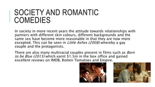 SOCIETY AND ROMANTIC
COMEDIES
In society in more recent years the attitude towards relationships with
partners with different skin colours, different backgrounds and the
same sex have become more reasonable in that they are now more
excepted. This can be seen in Little Ashes (2008) whereby a gay
couple and the protagonists.
There are also many multiracial couples present in films such as Born
to be Blue (2015) which earnt $1.5m in the box office and gained
excellent reviews on IMDB, Rotten Tomatoes and Empire.
 