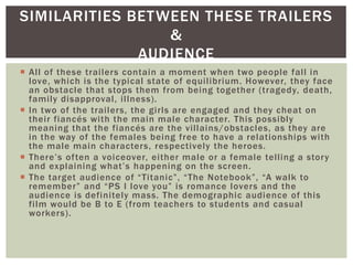  All of these trailers contain a moment when two people fall in
love, which is the typical state of equilibrium. However, they face
an obstacle that stops them from being together (tragedy, death,
family disapproval, illness).
 In two of the trailers, the girls are engaged and they cheat on
their fiancés with the main male character. This possibly
meaning that the fiancés are the villains/obstacles, as they are
in the way of the females being free to have a relationships with
the male main characters, respectively the heroes.
 There’s often a voiceover, either male or a female telling a story
and explaining what’s happening on the screen.
 The target audience of “Titanic”, “The Notebook”, “A walk to
remember” and “PS I love you” is romance lovers and the
audience is definitely mass. The demographic audience of this
film would be B to E (from teachers to students and casual
workers).
SIMILARITIES BETWEEN THESE TRAILERS
&
AUDIENCE
 