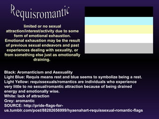 limited or no sexual 
attraction/interest/activity due to some 
form of emotional exhaustion. 
Emotional exhaustion may be the result 
of previous sexual endeavors and past 
experiences dealing with sexuality, or 
from something else just as emotionally 
draining. 
Black: Aromanticism and Asexuality 
Light Blue: Requis means rest and blue seems to symbolize being a rest. 
Light Yellow: requissexuals/romantics are individuals who experience 
very little to no sexual/romantic attraction because of being drained 
energy and emotionally wise. 
White: lack of attraction 
Grey: aromantic 
SOURCE: http://pride-flags-for-us. 
tumblr.com/post/88282656999/hyaenahart-requissexual-romantic-flags 
 