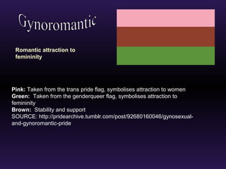 Romantic attraction to 
femininity 
Pink: Taken from the trans pride flag, symbolises attraction to women 
Green: Taken from the genderqueer flag, symbolises attraction to 
femininity 
Brown: Stability and support 
SOURCE: http://pridearchive.tumblr.com/post/92680160046/gynosexual-and- 
gynoromantic-pride 
 
