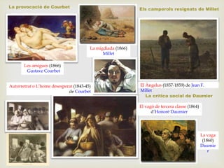 El Àngelus (1857-1859) de Jean F.
Millet
El vagó de tercera classe (1864)
d’Honoré Daumier
La vaga
(1860)
Daumie
r
La migdiada (1866)
Millet
Autorretrat o L’home desesperat (1843-45)
de Courbet
Els camperols resignats de Millet
La crítica social de Daumier
La provocació de Courbet
Les amigues (1866)
Gustave Courbet
 