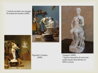 L’artista esculpit una tanagra
El treball del marbre (1895)
Tanagra* (1890)
* Figures menudes de terracota
policromada descobertes en
1870 a Grècia.
Pigmalió i Galatea
(1890)
 