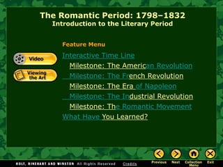 The Romantic Period: 1798–1832 
Introduction to the Literary Period 
Feature Menu 
Interactive Time Line 
Milestone: The American Revolution 
Milestone: The French Revolution 
Milestone: The Era of Napoleon 
Milestone: The Industrial Revolution 
Milestone: The Romantic Movement 
What Have You Learned? 
 
