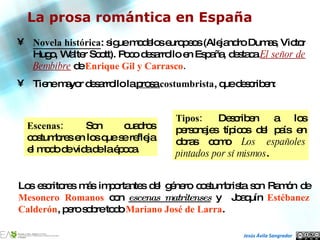 La prosa romántica en España <ul><li>Novela histórica : sigue modelos europeos (Alejandro Dumas, Victor Hugo, Walter Scott...