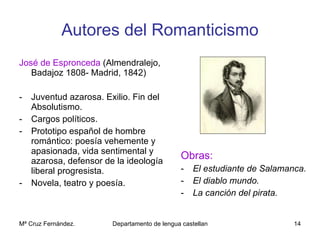 Autores del Romanticismo José de Espronceda  (Almendralejo, Badajoz 1808- Madrid, 1842) Juventud azarosa. Exilio. Fin del Absolutismo. Cargos políticos. Prototipo español de hombre romántico: poesía vehemente y apasionada, vida sentimental y azarosa, defensor de la ideología liberal progresista. Novela, teatro y poesía. Obras: El estudiante de Salamanca. El diablo mundo. La canción del pirata. 
