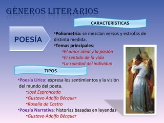 Poliometría:  se mezclan versos y estrofas de distinta medida. Temas principales : El amor ideal y la pasión El sentido de la vida La soledad del individuo Poesía Lírica:  expresa los sentimientos y la visión  del mundo del poeta. José Espronceda Gustavo Adolfo Bécquer Rosalía de Castro Poesía Narrativa :  historias basadas en leyendas Gustavo Adolfo Bécquer POESÍA CARACTERÍSTICAS TIPOS 