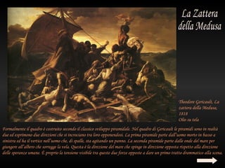 Theodore Gericault, La
                                                                                                      zattera della Medusa,
                                                                                                      1818
                                                                                                      Olio su tela
Formalmente il quadro è costruito secondo il classico sviluppo piramidale. Nel quadro di Gericault le piramidi sono in realtà
due ed esprimono due direzioni che si incrociano tra loro opponendosi. La prima piramide parte dall’uomo morto in basso a
sinistra ed ha il vertice nell’uomo che, di spalle, sta agitando un panno. La seconda piramide parte dalle onde del mare per
giungere all’albero che sorregge la vela. Questa è la direzione del mare che spinge in direzione opposta rispetto alla direzione
delle speranze umane. È proprio la tensione visibile tra queste due forze opposte a dare un primo tratto drammatico alla scena.
 