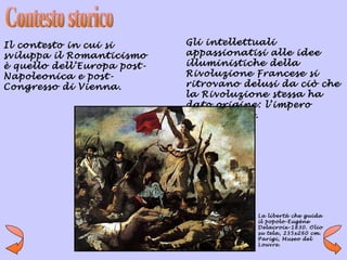 Il contesto in cui si        Gli intellettuali
sviluppa il Romanticismo     appassionatisi alle idee
è quello dell’Europa post-   illuministiche della
Napoleonica e post-          Rivoluzione Francese si
Congresso di Vienna.         ritrovano delusi da ciò che
                             la Rivoluzione stessa ha
                             dato origine: l’impero
                             Napoleonico.




                                         La libertà che guida
                                         il popolo-Eugène
                                         Delacroix-1830. Olio
                                         su tela, 235x260 cm.
                                         Parigi, Museo del
                                         Louvre.
 