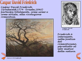 Caspar David Friedrich
(Greifswald,1774- Dresda,1840)
partecipa totalmente, come uomo e
come artista, alla rivoluzione
romantica.




                                       Caspar David
                                       Friedrich



                                    Friedrich è
                                    interessato,
                                    nella poetica
                                    del
                                    romanticismo,
                                    soprattutto al
                                    lato mistico
                                    della natura.


    Corvi-C.D.Friedrich
 