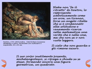 Blake non "fa il
                                                   ritratto" di Newton, lo
                                                   rappresenta
                                                   simbolicamente come
                                                   un eroe, un tiranno,
                                                   forse un angelo ribelle
                                                   che si è condannato
                                                   alla solitudine e
                                                   vanamente ricerca
                                                   nella matematica una
                                                   verità che è nelle cose,
                                                   ma che non sa o non
Newton, 1795-1805Londra, Tate Britain Incisione
                                                   vuole leggere.
stampata a colori, terminata con inchiostro e
acquerello, 60 x 46 cm.
                                                  Il cielo che non guarda e
                                                  gli rimane oscuro.


              Il suo corpo inutilmente possente,
              michelangiolesco, si ripiega e chiude su se
              stesso, formando ancora una figura
              geometrica, un quadrato.
 