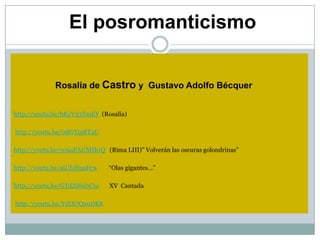 El posromanticismo


             Rosalía de Castro y Gustavo Adolfo Bécquer


http://youtu.be/bKyV23TssEY (Rosalía)

http://youtu.be/0dfvTpj8T4U

http://youtu.be/yo94FAUMH0Q (Rima LIII)” Volverán las oscuras golondrinas”

http://youtu.be/aiUfzHqaH7s    “Olas gigantes...”

http://youtu.be/GTdZiSwbCxs    XV Cantada

http://youtu.be/YdIX7Qy0DK8
 