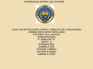 UNIVERSIDAD CENTRAL DEL ECUADOR

FACULTAD DE FILOSOFÍA LETRAS Y CIENCIAS DE LA EDUCACION
CARRERA EDUCACION PARVULARIA
HISTORIA DE LA MUSICA
ROMANTICISMO
4° SEMESTRE “B”
GRUPO ° 6
INTEGRANTES:
GABRIELA OÑA
JEANINE CARRERA
DAYANA GUAMÁN
GABRIELA LÓPEZ

 