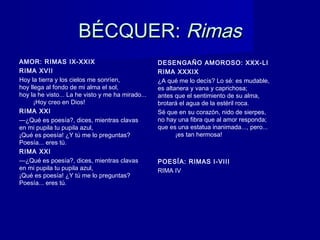 BÉCQUER:BÉCQUER: RimasRimas
AMOR: RIMAS IX-XXIX
RIMA XVII
Hoy la tierra y los cielos me sonríen, 
hoy llega al fondo de mi alma el sol, 
hoy la he visto... La he visto y me ha mirado... 
        ¡Hoy creo en Dios!
RIMA XXI
—¿Qué es poesía?, dices, mientras clavas 
en mi pupila tu pupila azul, 
¡Qué es poesía! ¿Y tú me lo preguntas? 
Poesía... eres tú.
RIMA XXI
—¿Qué es poesía?, dices, mientras clavas 
en mi pupila tu pupila azul, 
¡Qué es poesía! ¿Y tú me lo preguntas? 
Poesía... eres tú.
DESENGAÑO AMOROSO: XXX-LI
RIMA XXXIX
¿A qué me lo decís? Lo sé: es mudable, 
es altanera y vana y caprichosa; 
antes que el sentimiento de su alma, 
brotará el agua de la estéril roca.
Sé que en su corazón, nido de sierpes, 
no hay una fibra que al amor responda; 
que es una estatua inanimada..., pero... 
          ¡es tan hermosa!
POESÍA: RIMAS I-VIII
RIMA IV
 
