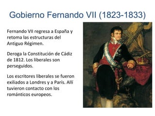 Fernando VII regresa a España y
retoma las estructuras del
Antiguo Régimen.
Deroga la Constitución de Cádiz
de 1812. Los l...