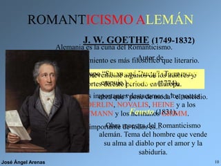 José Ángel Arenas 10
Vamos a ver ahora brevemente algunos de los autores y
obras más importes de este periodo en Europa.
ROMANTICISMO ALEMÁN
Alemania es la cuna del Romanticismo.
En este país el movimiento es más filosófico que literario.
Surge a partir del grupo “Sturm und Drang” (Tormenta y
empuje.)
Entre los autores más importantes destacamos a los poetas
SCHILLER, HÖLDERLIN, NOVALIS, HEINE y a los
narradores HOFFMANN y los hermanos GRIMM.
El más importante de todos es...
J. W. GOETHE (1749-1832)
Autor de...
Las desventuras del joven
Werther (1774),
obra que “pone de moda” el suicidio.
Fausto (1831),
Obra maestra del Romanticismo
alemán. Tema del hombre que vende
su alma al diablo por el amor y la
sabiduría.
 