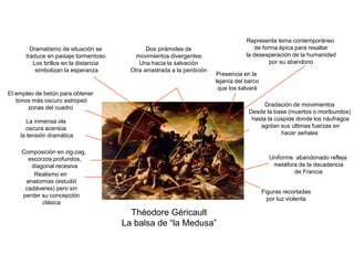 Théodore Géricault
La balsa de “la Medusa”
Dos pirámides de
movimientos divergentes:
Una hacia la salvación
Otra arrastrada a la perdición
Uniforme abandonado refleja
metáfora de la decadencia
de Francia
Realismo en
anatomías (estudió
cadáveres) pero sin
perder su concepción
clásica
Presencia en la
lejanía del barco
que los salvará
Dramatismo de situación se
traduce en paisaje tormentoso.
Los brillos en la distancia
simbolizan la esperanza
La inmensa ola
oscura acentúa
la tensión dramática
Gradación de movimientos
Desde la base (muertos o moribundos)
hasta la cúspide donde los náufragos
agotan sus últimas fuerzas en
hacer señales
Composición en zig-zag,
escorzos profundos,
diagonal recesiva
El empleo de betún para obtener
tonos más oscuro estropeó
zonas del cuadro
Figuras recortadas
por luz violenta
Representa tema contemporáneo
de forma épica para resaltar
la desesperación de la humanidad
por su abandono
 
