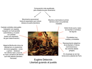 Eugène Delacroix
Libertad guiando al pueblo
Muertos y barricada en primer
término crean una pirámide
inestable
Movimiento ascensional
hacia el espectador que incluso
rebasa encuadre (bandera)
Carácter simbólico del pueblo:
trabajador con espada,
burgués con fusil (posible
autorretrato) y un joven
con pistolas
(todos con expresión
de gran determinación)
Alegoría:Moribundo mira a la
libertad (en un predominio
de tonos apagados – ocres
y grises - destacan
los colores rojos y azul de
su ropa y el blanco del difunto
que está delante (bandera
francesa)
Composición más equilibrada
pero dotada de gran dinamismo
Pinceladas muy
sueltas y onduladas
Representación alegórica
de la libertad o Francia
(reminiscencia a
las victorias aladas
griegas)
En el paisaje se ven las
torres de la catedral de París
Sobre fondo azul y rojizo
se recortan a contraluz
las figuras
 