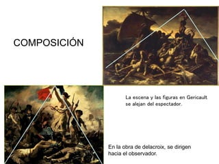 En la obra de delacroix, se dirigen
hacia el observador.
COMPOSICIÓN
La escena y las figuras en Gericault
se alejan del espectador.
 