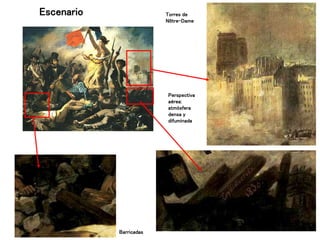 Escenario
Barricadas
Perspectiva
aérea:
atmósfera
densa y
difuminada
Torres de
Nôtre-Dame
 