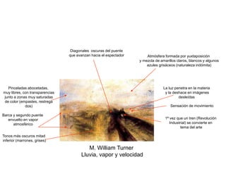 M. William Turner
Lluvia, vapor y velocidad
La luz penetra en la materia
y la deshace en imágenes
desleídas
Diagonales oscuras del puente
que avanzan hacia el espectador
1ª vez que un tren (Revolución
Industrial) se convierte en
tema del arte
Tonos más oscuros mitad
inferior (marrones, grises)
Barca y segundo puente
envuelto en vapor
atmosférico
Pinceladas abocetadas,
muy libres, con transparencias
junto a zonas muy saturadas
de color (empastes, restrega
dos) Sensación de movimiento
Atmósfera formada por yuxtaposición
y mezcla de amarillos claros, blancos y algunos
azules grisáceos (naturaleza indómita)
 