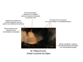 M. WilliamTurner
Anibal cruzando los Alpes
El sol representado
rodeado de un torbellino
donde se mezcla la tempestad
y el alud de nieve
Ejército cartaginés y salasios
son pequeñas figuras aborbidas
por inmensidad del paisaje
Contraste de tonos oscuros
con zonas cálidas o con destellos blancos
Ritmos giratorios que
plasman fuerza
incontrolable de naturaleza
Aparece por primera vez
el vórtice alrededor del cual
girarán los torbellinos tormentosos
 