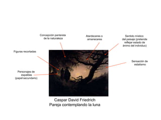 Caspar David Friedrich
Pareja contemplando la luna
Personajes de
espaldas
(papel secundario)
Atardeceres o
amaneceres
Figuras recortadas
Sensación de
estatismo
Concepción panteísta
de la naturaleza
Sentido místico
del paisaje (pretende
reflejar estado de
ánimo del individuo)
 
