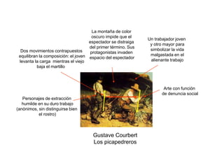 Gustave Courbert
Los picapedreros
Personajes de extracción
humilde en su duro trabajo
(anónimos, sin distinguirse bien
el rostro)
La montaña de color
oscuro impide que el
espectador se distraiga
del primer término. Sus
protagonistas invaden
espacio del espectador
Arte con función
de denuncia social
Un trabajador joven
y otro mayor para
simbolizar la vida
malgastada en el
alienante trabajo
Dos movimientos contrapuestos
equilibran la composición: el joven
levanta la carga mientras el viejo
baja el martillo
 