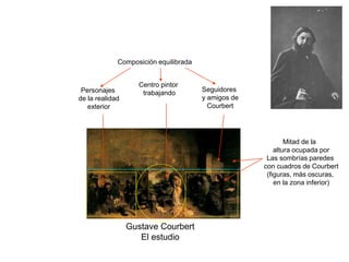 Gustave Courbert
El estudio
Composición equilibrada
Centro pintor
trabajando
Personajes
de la realidad
exterior
Seguidores
y amigos de
Courbert
Mitad de la
altura ocupada por
Las sombrías paredes
con cuadros de Courbert
(figuras, más oscuras,
en la zona inferior)
 
