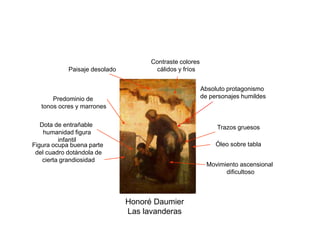 Honoré Daumier
Las lavanderas
Trazos gruesos
Predominio de
tonos ocres y marrones
Movimiento ascensional
dificultoso
Absoluto protagonismo
de personajes humildes
Figura ocupa buena parte
del cuadro dotándola de
cierta grandiosidad
Paisaje desolado
Contraste colores
cálidos y fríos
Dota de entrañable
humanidad figura
infantil
Óleo sobre tabla
 