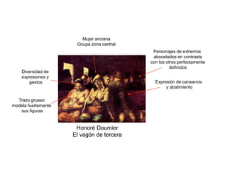 Honoré Daumier
El vagón de tercera
Trazo grueso
modela fuertemente
sus figuras
Expresión de cansancio
y abatimiento
Mujer anciana
Ocupa zona central
Diversidad de
expresiones y
gestos
Personajes de extremos
abocetados en contraste
con los otros perfectamente
definidos
 