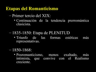 Etapas del Romanticismo Primer tercio del XIX:  Continuación de la tendencia prerromántica clasicista. 1835-1850: Etapa de PLENITUD Triunfo de las formas estéticas más representativas. 1850-1868:  Posromanticismo, menos exaltado, más intimista, que convive con el Realismo creciente. 