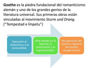 Goethe es la piedra fundacional del romanticismo
alemán y uno de los grandes genios de la
literatura universal. Sus primeras obras están
vinculadas al movimiento Sturm und Drang.
(“Tempestad e Ímpetu”)
Oposición al
clasicismo y a la
racionalidad.
Arte basado en la
libertad, el
sentimiento y la
espontaneidad.
Recuperación del
espíritu originario
del pueblo
pangermánico
 