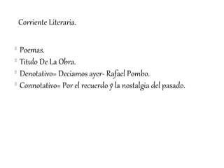 Corriente Literaria.


    Poemas.

    Titulo De La Obra.

    Denotativo= Deciamos ayer- Rafael Pombo.

    Connotativo= Por el recuerdo y la nostalgia del pasado.
 