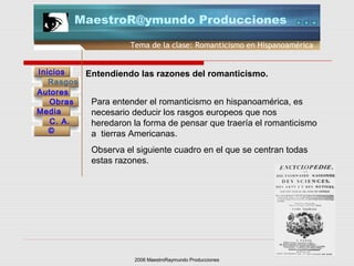 2006 MaestroRaymundo Producciones
Tema de la clase: Romanticismo en Hispanoamérica
Inicios
Rasgos
Autores
Obras
Media
©
C. A.
MaestroR@ymundo Producciones
Entendiendo las razones del romanticismo.
Para entender el romanticismo en hispanoamérica, es
necesario deducir los rasgos europeos que nos
heredaron la forma de pensar que traería el romanticismo
a tierras Americanas.
Observa el siguiente cuadro en el que se centran todas
estas razones.
 
