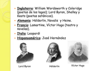  Inglaterra: William Wordsworth y Coleridge
(poetas de los lagos); Lord Byron, Shelley y
Keats (poetas satánicos).
 Alem...