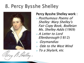 Percy Bysshe Shelley work :
 Posthumous Poems of
Shelley: Mary Shelley's
Fair Copy Book, Bodleian
Ms. Shelley Adds (1969)
 A Letter to Lord
Ellenborough (1812)
 Ozymandias
 Ode to the West Wind
 To a Skylark, etc
 