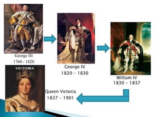 George III
1760 - 1820
George IV
1820 - 1830
William IV
1830 - 1837
Queen Victoria
1837 - 1901
 