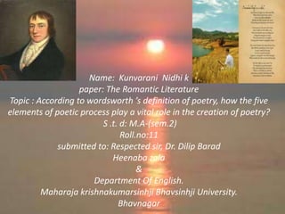 Name: Kunvarani Nidhi k
                   paper: The Romantic Literature
Topic : According to wordsworth ’s definition of poetry, how the five
elements of poetic process play a vital role in the creation of poetry?
                         S .t. d: M.A-(sem.2)
                               Roll.no:11
             submitted to: Respected sir, Dr. Dilip Barad
                            Heenaba zala
                                    &
                      Department Of English.
         Maharaja krishnakumarsinhji Bhavsinhji University.
                              Bhavnagar
 