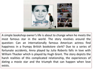 A simple bookshop owner’s life is about to change when he meets the
most famous star in the world. The story revolves around the
question: Can an internationally famous American actress find
happiness in a frumpy British bookstore clerk? Due to a series of
fortunate accidents, Anna played by Julia Roberts falls in love with
William Thacker which is played by Hugh Grant. The story depicts the
harsh realities of this complicated relationship, the experiences of
dating a movie star and the triumph that can happen when love
exists.

 