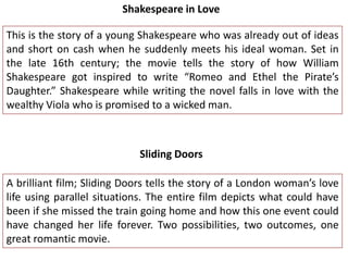 Shakespeare in Love
This is the story of a young Shakespeare who was already out of ideas
and short on cash when he suddenly meets his ideal woman. Set in
the late 16th century; the movie tells the story of how William
Shakespeare got inspired to write “Romeo and Ethel the Pirate’s
Daughter.” Shakespeare while writing the novel falls in love with the
wealthy Viola who is promised to a wicked man.

Sliding Doors
A brilliant film; Sliding Doors tells the story of a London woman’s love
life using parallel situations. The entire film depicts what could have
been if she missed the train going home and how this one event could
have changed her life forever. Two possibilities, two outcomes, one
great romantic movie.

 