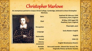 .
Christopher Marlowe
An anonymous portrait in Corpus Christi College, Cambridge, believed to show Christopher
Marlowe.
Born
baptized 26 February 1564
Canterbury, Kent, England
Died
30 May 1593 (aged 29)
Deptford, Kent, England
Occupation
Playwright, poet
Language
Early Modern English
Nationality
English
Period 1564–93
Literary
movement
English Renaissance theatre
Notable
works
Hero and Leander, Edward the Second, The
Tragically History of Doctor Faustus
 
