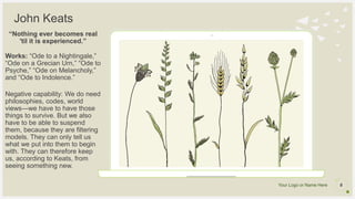 Your Logo or Name Here
John Keats
6
“Nothing ever becomes real
'til it is experienced.”
Works: “Ode to a Nightingale,”
“Ode on a Grecian Urn,” “Ode to
Psyche,” “Ode on Melancholy,”
and “Ode to Indolence.”
Negative capability: We do need
philosophies, codes, world
views—we have to have those
things to survive. But we also
have to be able to suspend
them, because they are filtering
models. They can only tell us
what we put into them to begin
with. They can therefore keep
us, according to Keats, from
seeing something new.
 