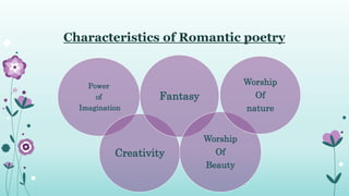 Characteristics of Romantic poetry
Power
of
Imagination
Creativity
Fantasy
Worship
Of
Beauty
Worship
Of
nature
 
