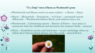 “To a Daisy” views of Burns on Wordsworth’s poem
Wordsworth and Burns wrote on same subject – a flower – Daisy
Burns – Melancholy – Pessimism – ‘evil hour’ – presented nature
differently – Wordsworth follows Burns and admires him a lot
Wordsworth – Celebrating nature – Beauty of flower – how daisy is
connected with the childhood and decorates the summer fields – memory
Daisy – Symbolizes purity and innocence – as per mythology when an
infant dies God sprinkled daisies over the earth – sacred flower.
 