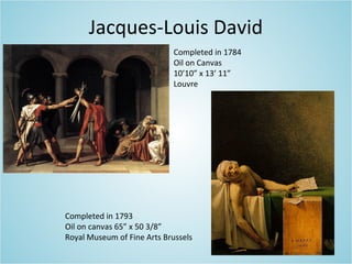 Jacques-Louis David
Completed in 1784
Oil on Canvas
10’10” x 13’ 11”
Louvre
Completed in 1793
Oil on canvas 65” x 50 3/8”
Royal Museum of Fine Arts Brussels
 