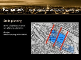 Romantiek                      Het Ontstaan van de moderne samenleving


Stads-planning
steden worden bestuurscentra
van opkomend nationalisme

Gevolgen:
stadsontwikkeling : HAUSMANN
 