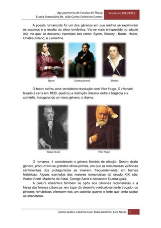 Agrupamento de Escolas de Ílhavo
Escola Secundária Dr. João Carlos Celestino Gomes
Ano letivo 2012/2013
Carlos Seabra; Catarina Cruz; Mara Godinho; Sara Neves 7
A poesia romancista foi um dos géneros em que melhor se exprimiram
os suspiros e a revolta da alma romântica. Viu-se mais enriquecida no século
XIX, no qual se destacou exemplos tais como: Byron, Shelley , Keats, Heine,
Chateaubriand, e Lamartine.
O teatro sofreu uma verdadeira revolução com Vitor Hugo. O Hernani,
levado à cena em 1830, quebrou a distinção clássica entre a tragédia e a
comédia, inaugurando um novo género, o drama.
O romance, é considerado o género literário de eleição. Dentro deste
género, produziram-se grandes obras-primas, em que as tumultuosas vivências
sentimentais dos protagonistas se inserem, frequentemente, em tramas
históricas. Alguns exemplos dos maiores romancistas do século XIX são:
Walter Scott, Madame de Stael, George Sand e Alexandre Dumas (pai).
A pintura romântica também se opôs aos cânones racionalistas e à
frieza das formas clássicas: em lugar do desenho meticulosamente traçado, os
pintores românticos oferecem-nos um colorido quente e forte que tenta captar
as atmosferas.
ChateaubriandByron Shelley
Vitor HugoWalter Scott
 