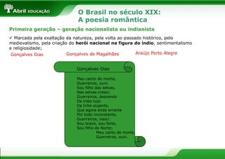 O Brasil no século XIX:
A poesia romântica
Primeira geração – geração nacionalista ou indianista
 Marcada pela exaltação da natureza, pela volta ao passado histórico, pelo
medievalismo, pela criação do herói nacional na figura do índio, sentimentalismo
e religiosidade;
Araújo Porto Alegre
Gonçalves de Magalhães
Gonçalves Dias
Gonçalves Dias
Meu canto de morte,
Guerreiros, ouvi:
Sou filho das selvas,
Nas selvas cresci;
Guerreiros, descendo
Da tribo tupi.
Da tribo pujante,
Que agora anda errante
Por todo inconstante,
Guerreiros, nasci:
Sou bravo, sou forte,
Sou filho do Norte;
Meu canto de morte,
Guerreiros, ouvi.

 