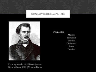 GONÇALVES DE MAGALHÃES
13 de agosto de 1811 Rio de janeiro
10 de julho de 1882 (70 anos) Roma
Ocupação:
Medico
Professor
Politico
Diplomata
Poeta
Ensaísta
 